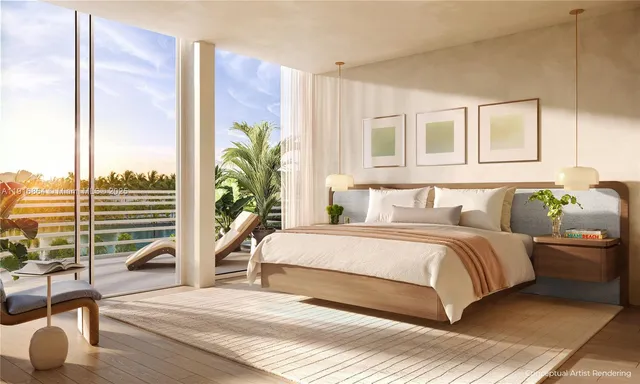 a bedroom with a large bed and a potted plant