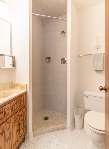 a bathroom with a shower a toilet and a sink