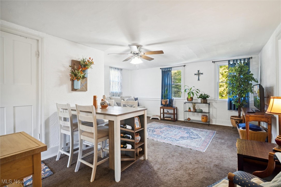 13930 Carter Road Wakeman, OH 44889 - Photo 20 of 45 Carpeted dining space featuring a healthy amount of sunlight and ceiling fan