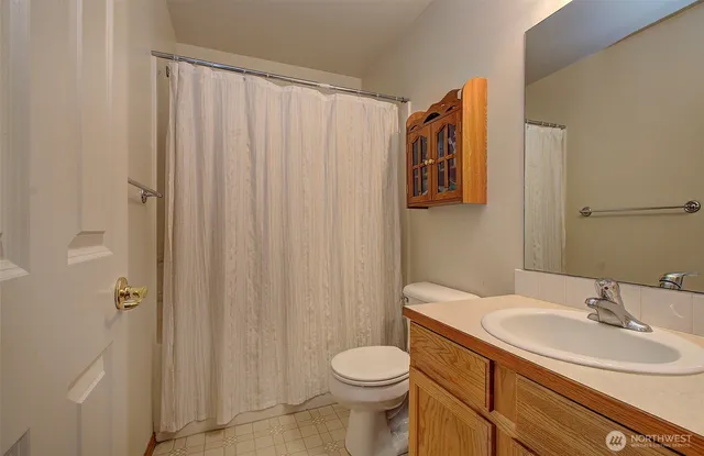 a bathroom with a sink a toilet and shower curtain
