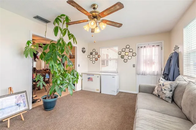 a living room with furniture and a potted plant