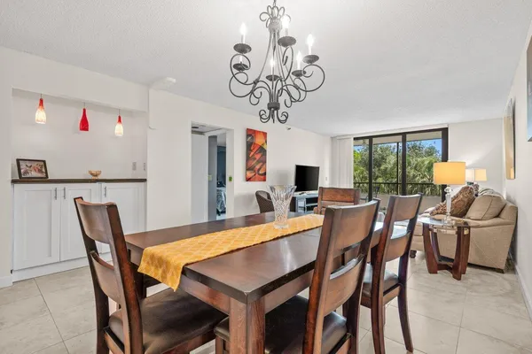 a view of a dining room with furniture