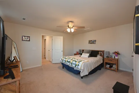 a bedroom with a bed and a chandelier