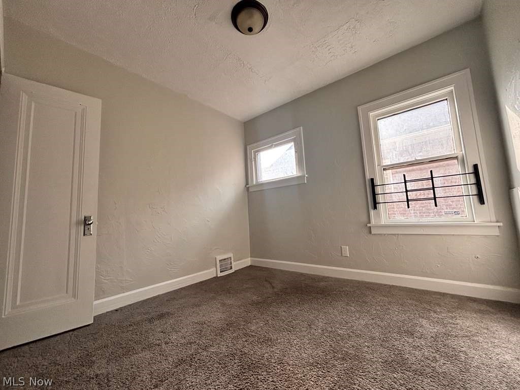 907 Rondel Road Cleveland, OH 44110 - Photo 11 of 26 Carpeted interior space featuring light-toned walls with texture, two windows, and a white paneled door