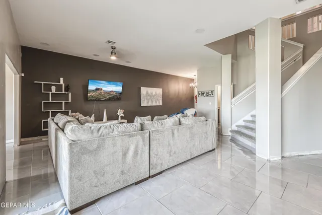 a view of a dining room with furniture