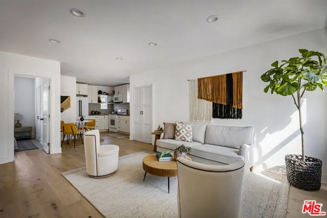 a living room with furniture and a potted plant