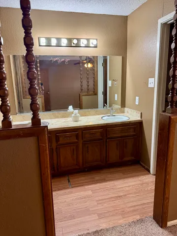 a bathroom with a sink and a mirror