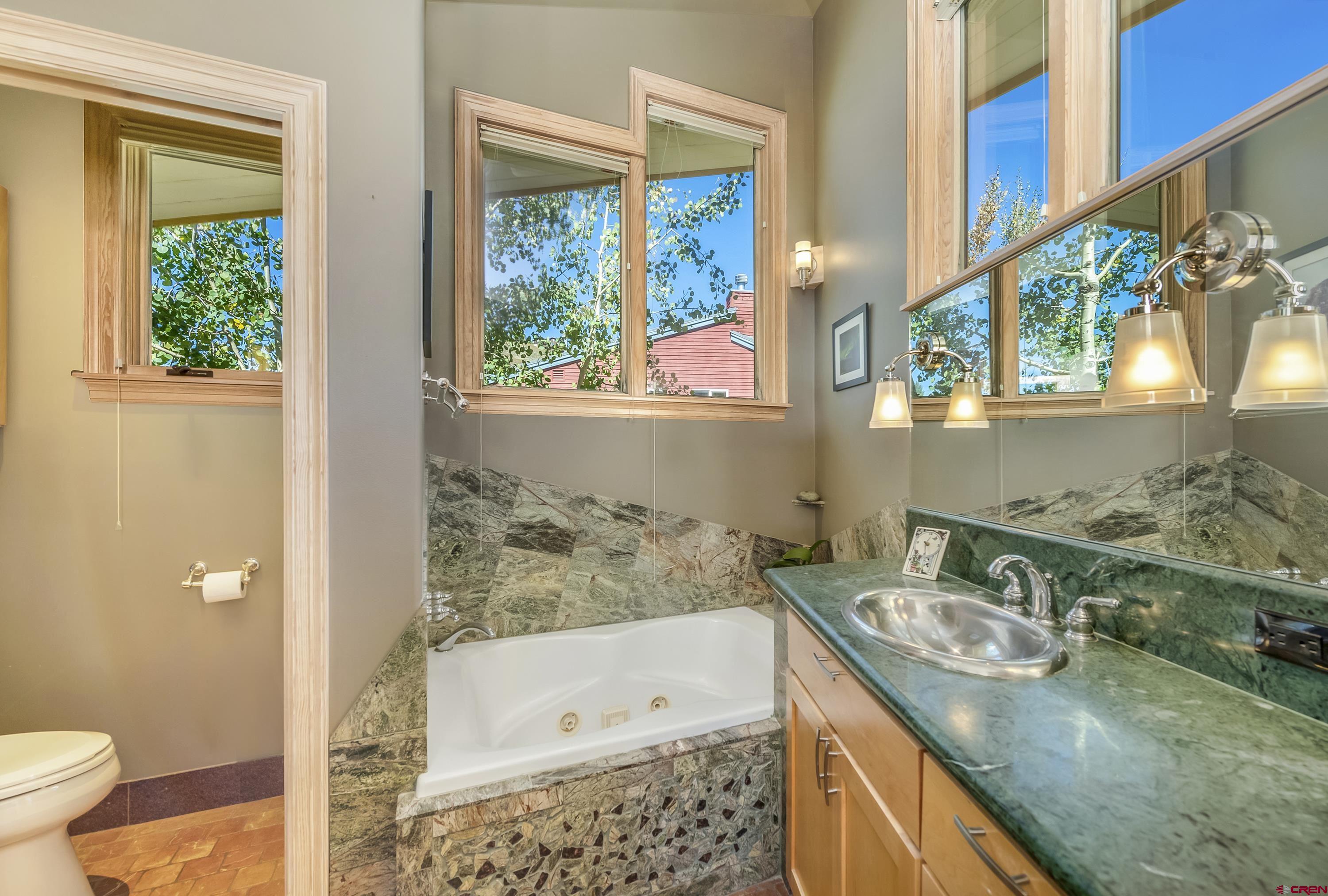 19 Castle Road, Unit 5 Crested Butte, CO 81225 - Photo 21 of 32 a bathroom with a granite countertop sink a toilet and shower