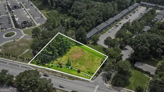 an aerial view of a backyard