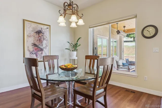 a view of a dining room with furniture window and wooden floor