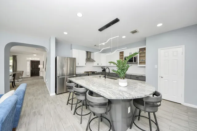 a view of a dining room with furniture