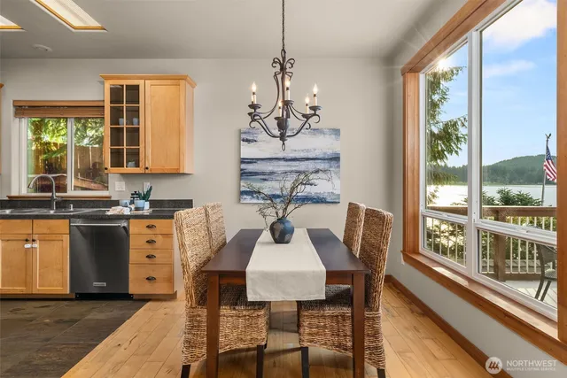 a view of a dining room with furniture window and outside view