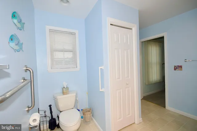 a bathroom with a shower curtain and a toilet