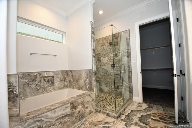 a bathroom with a bathtub and a shower