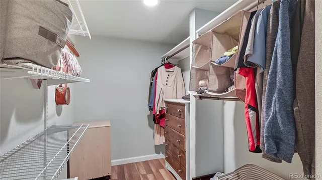 a view of walk in closet with clothes and shoes