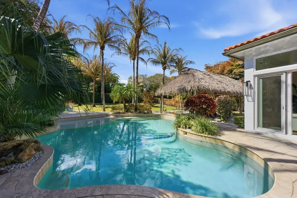 a view of swimming pool with lawn chairs and large trees