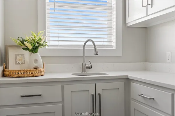 a close view of sink and a vanity with potted plant