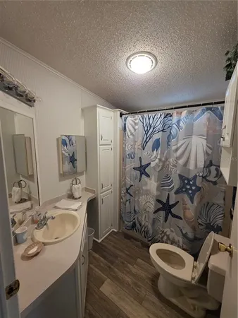a bathroom with a sink toilet and shower