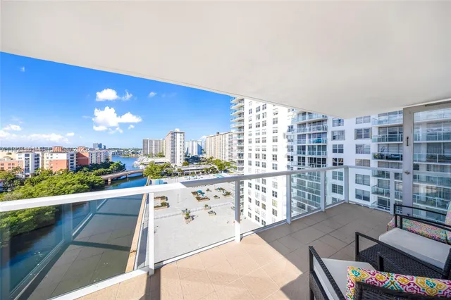 a view of a city from a seating area