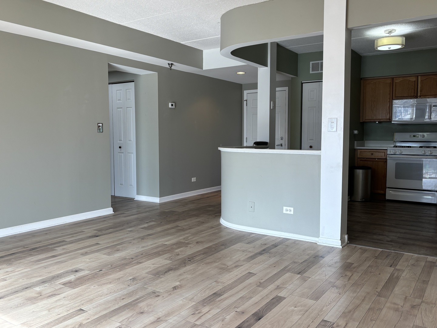 3303 Grove Avenue, Unit 310 Berwyn, IL 60402 - Photo 6 of 21 an empty room with wooden floor and way to kitchen