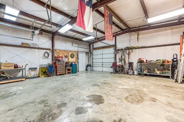 a view of a garage with storage