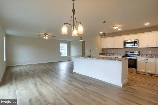 a kitchen with stainless steel appliances granite countertop a refrigerator a stove top oven a sink dishwasher and white cabinets with wooden floor