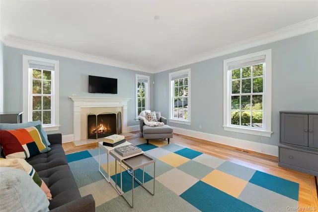 a living room with furniture and a fireplace