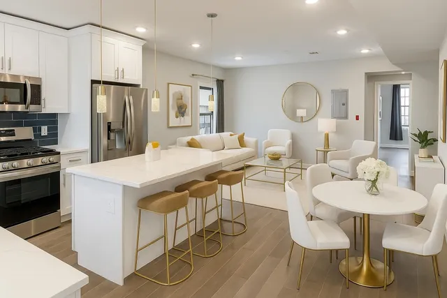 a large kitchen with a table and chairs