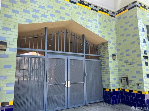 a view of a balcony with door