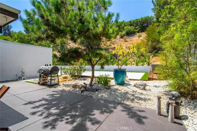 a view of backyard with a table and chairs and a large tree