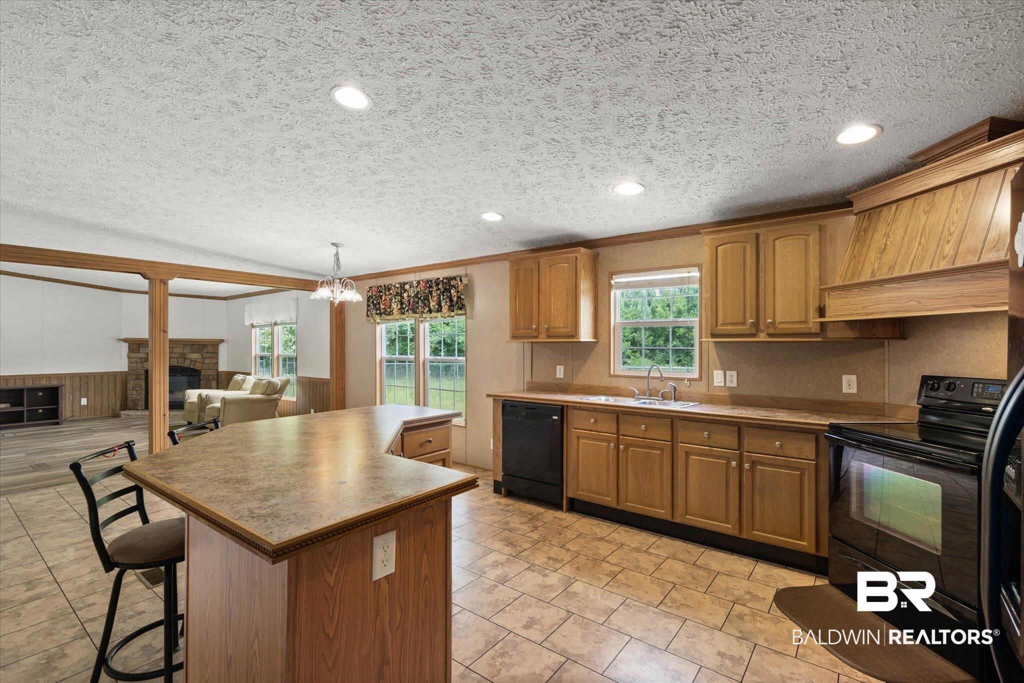 9335 Nathan Jordan Road Millry, AL 36558 - Photo 7 of 20 Kitchen featuring black appliances, healthy amount of natural light, a kitchen island, a glass covered fireplace, and a wainscoted wall