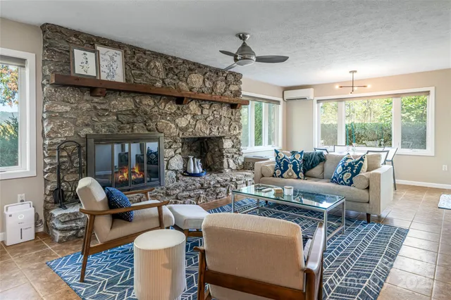 a living room with fireplace furniture and a flat screen tv