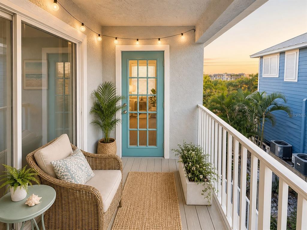 1013 Apollo Beach Boulevard, Unit 202 Apollo Beach, FL 33572 - Photo 12 of 18 a balcony with table and chairs potted plants with wooden floor