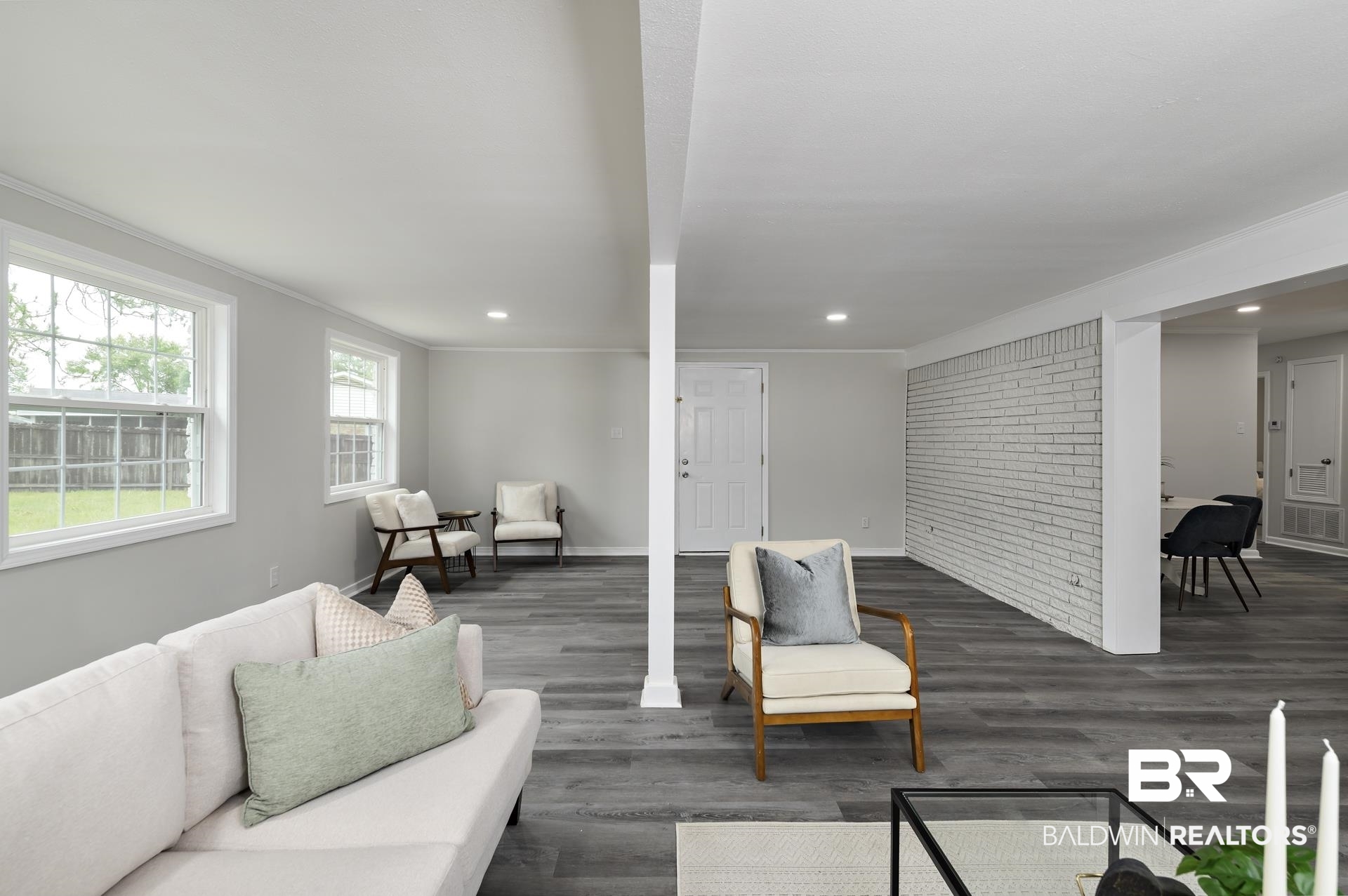 5922 Sunnyside Drive Mobile, AL 36619 - Photo 14 of 51 Living area featuring dark wood-style floors, ornamental molding, recessed lighting, and baseboards