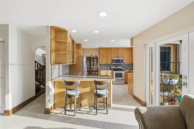 a view of a dining room with furniture