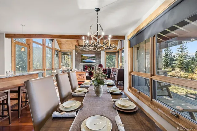 a view of a dining room with furniture large windows and wooden floor