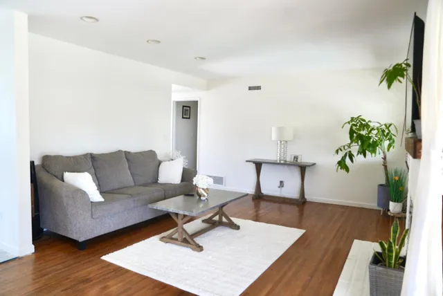 a living room with furniture plant and wooden floor