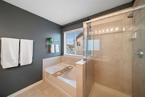 a bathroom with a bathtub and a shower