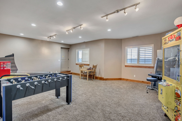 896 West 675 South Mapleton, UT 84664 - Photo 52 of 77 Playroom with track lighting, light colored carpet, and recessed lighting