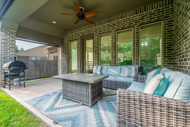 a building outdoor space with patio furniture