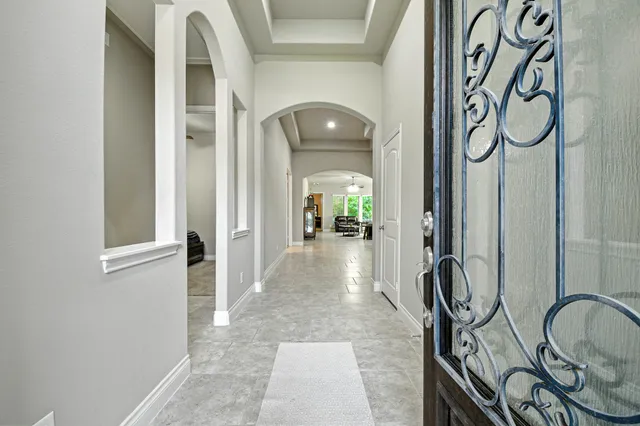 a view of a hallway with painted walls