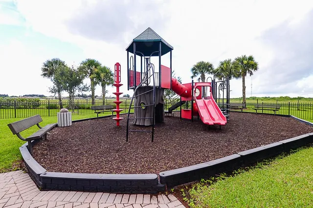a view of a park with slide