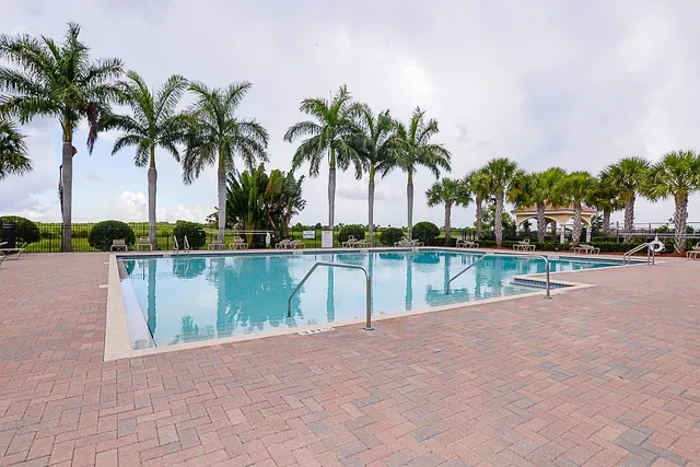 a swimming pool with a lawn chairs and palm tree