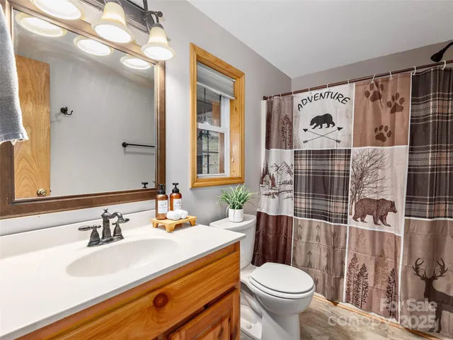 a bathroom with a sink a toilet and a large mirror