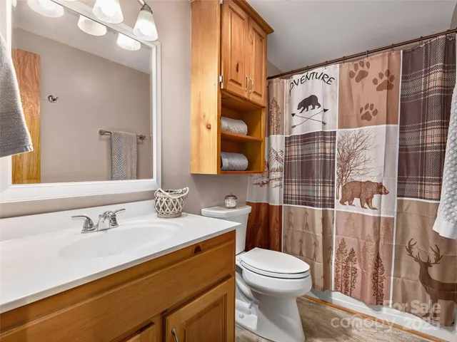 a bathroom with a sink a toilet and shower curtain
