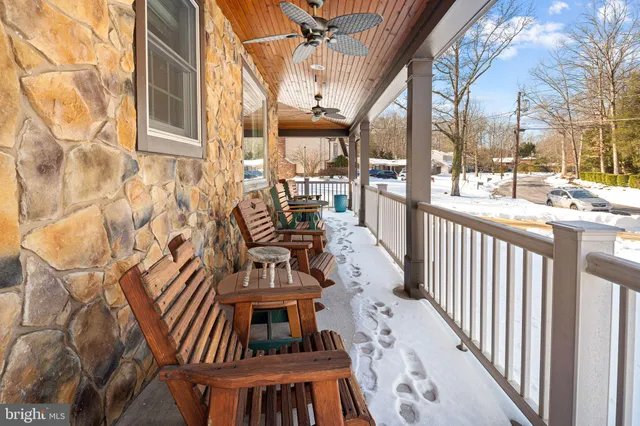 a view of balcony with wooden floor
