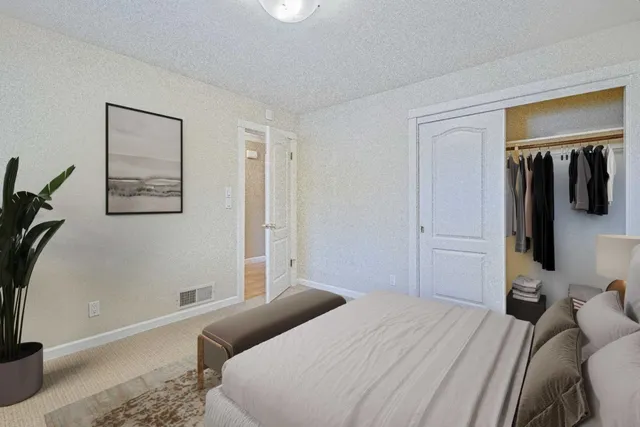 a bedroom with a bed and a walk in closet