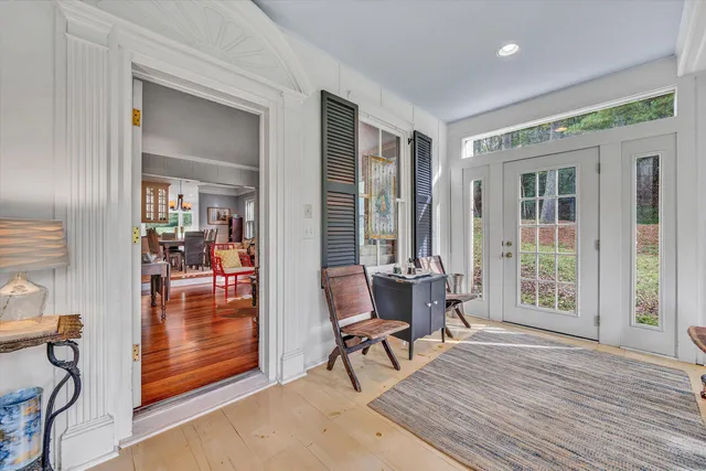 a view of a yard with plants and large trees