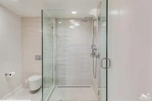 a bathroom with a shower and a toilet