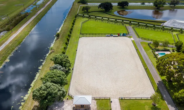 an aerial view of a house with a swimming pool